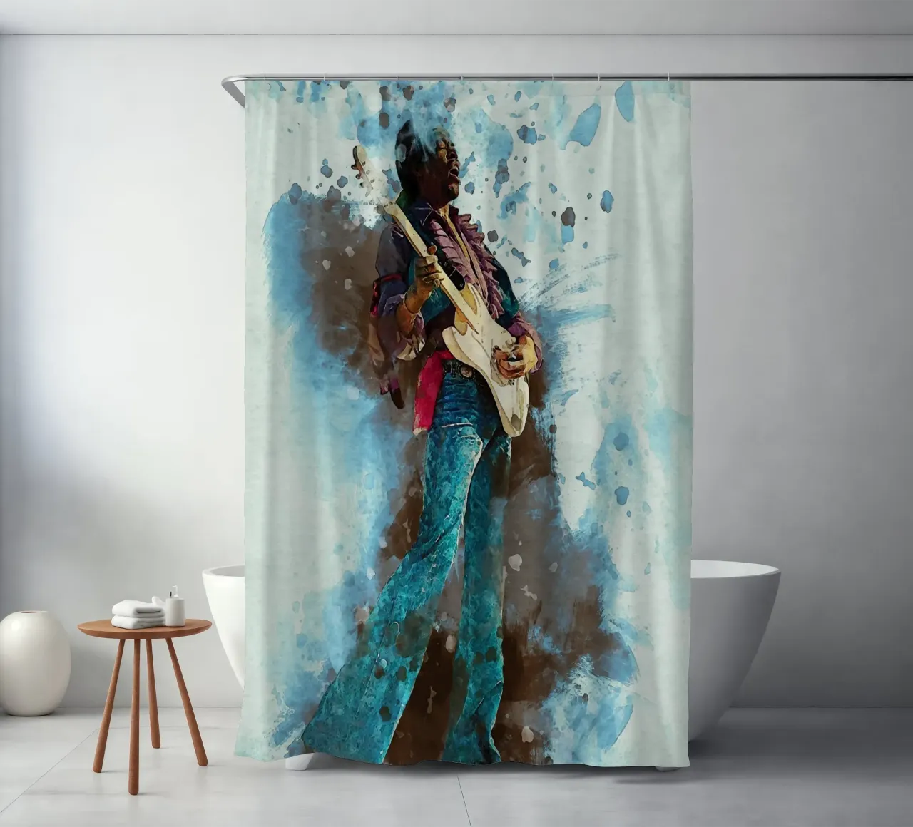 Smudge Jimi hendrix - Hey Joe Portrait shower curtain by Gunawan Rb