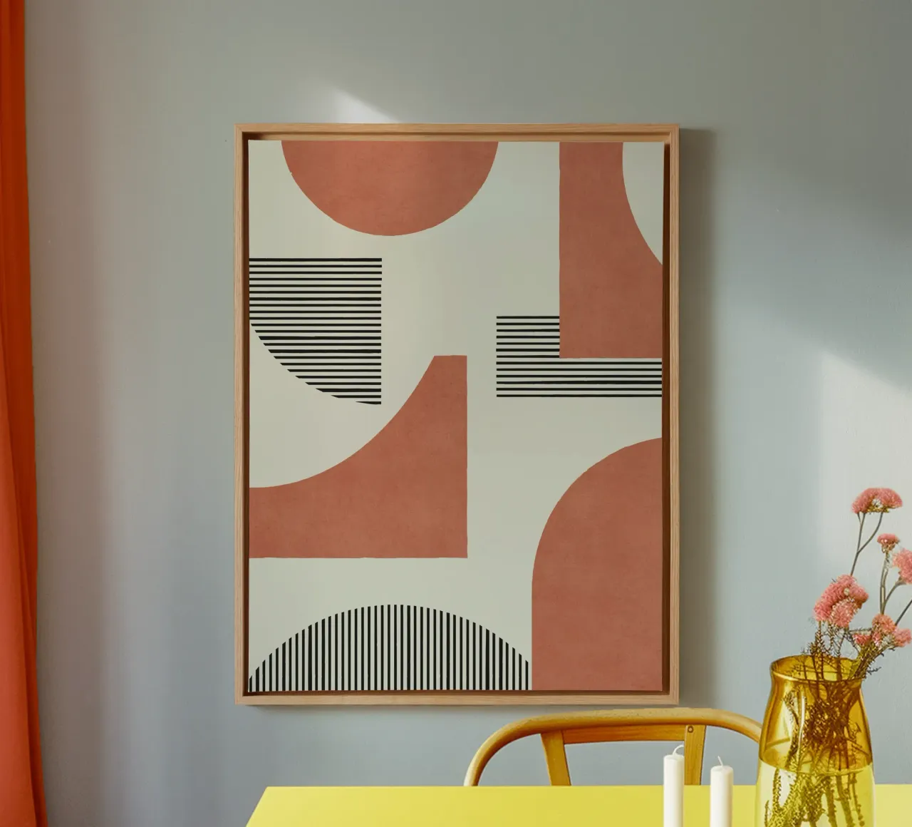 Abstracte lijnen compositie - oranje terracotta canvas met Baklijst van MoonlightPrint