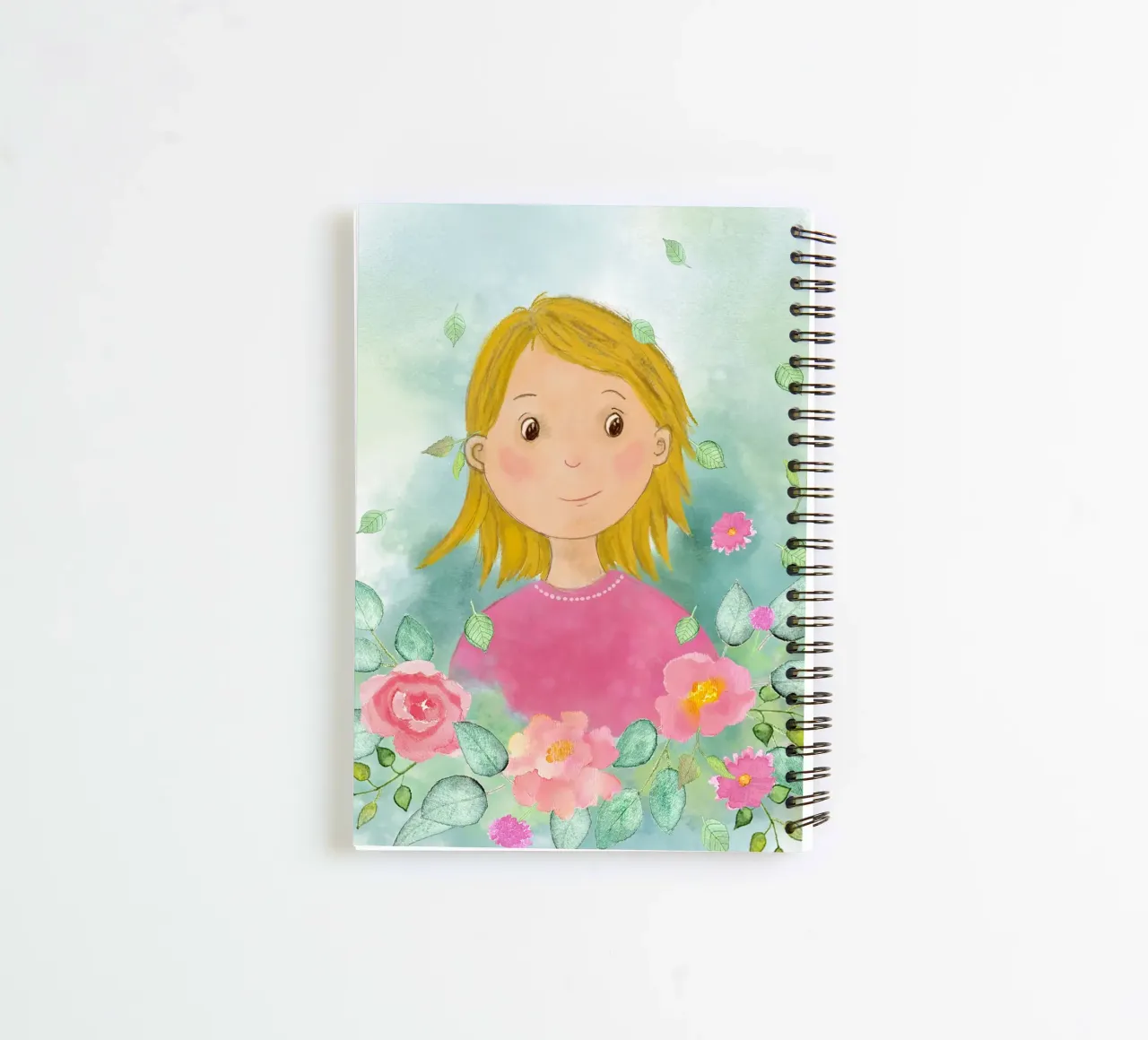 Mädchen mit rosa Blüten spiral notebook by Farbwelten