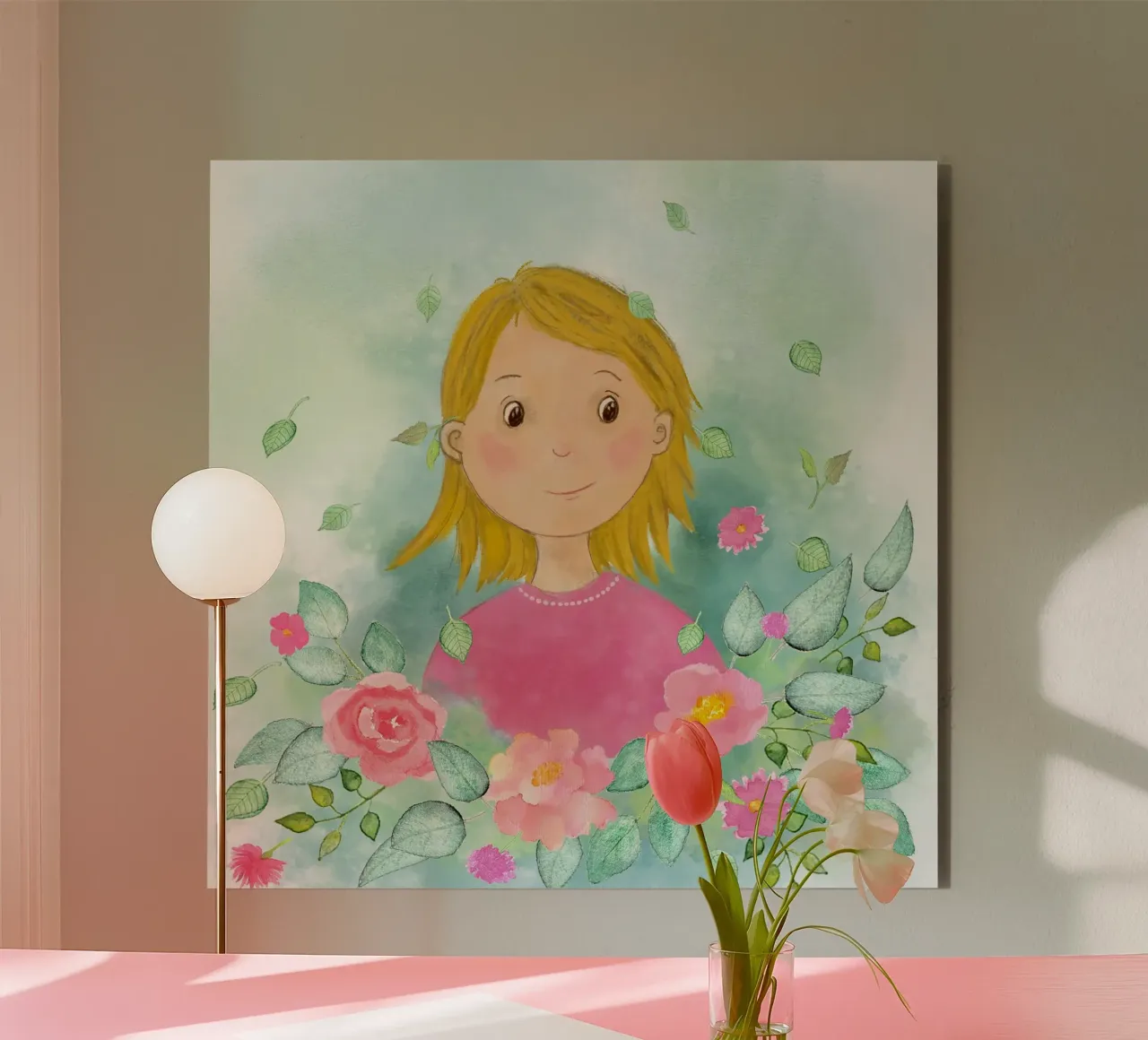Mädchen mit rosa Blüten alu-dibond by Farbwelten