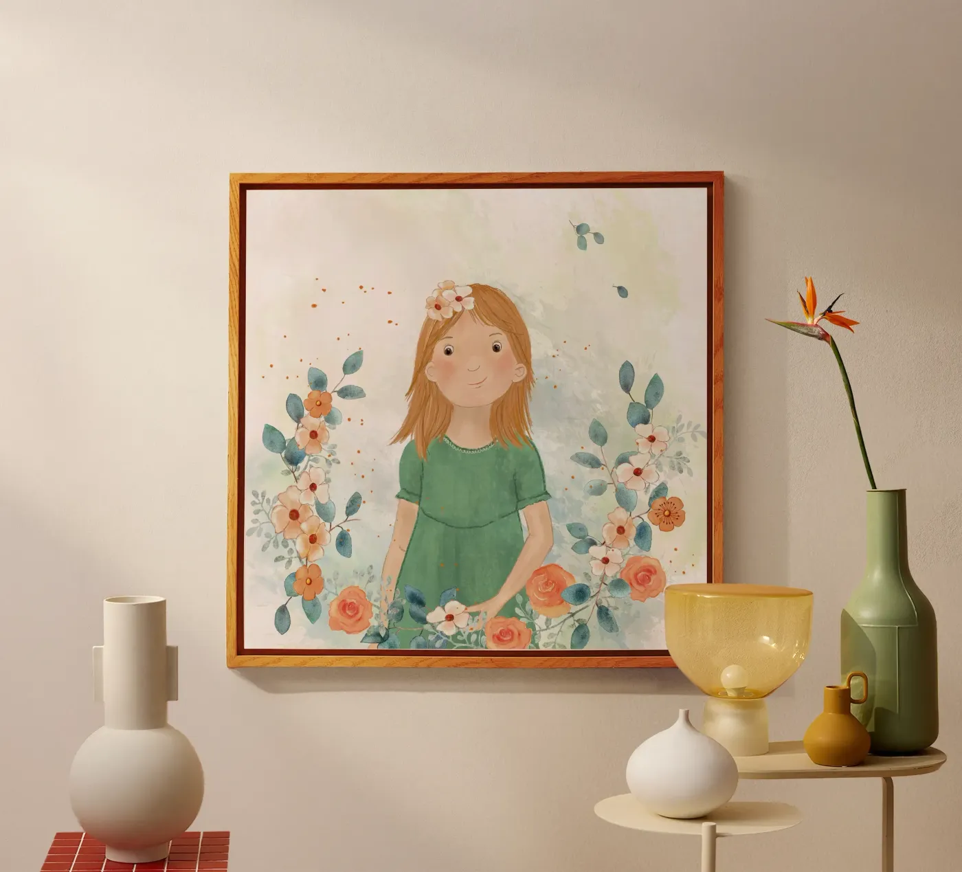 Mädchen mit orange Blumen plexiglass da Farbwelten