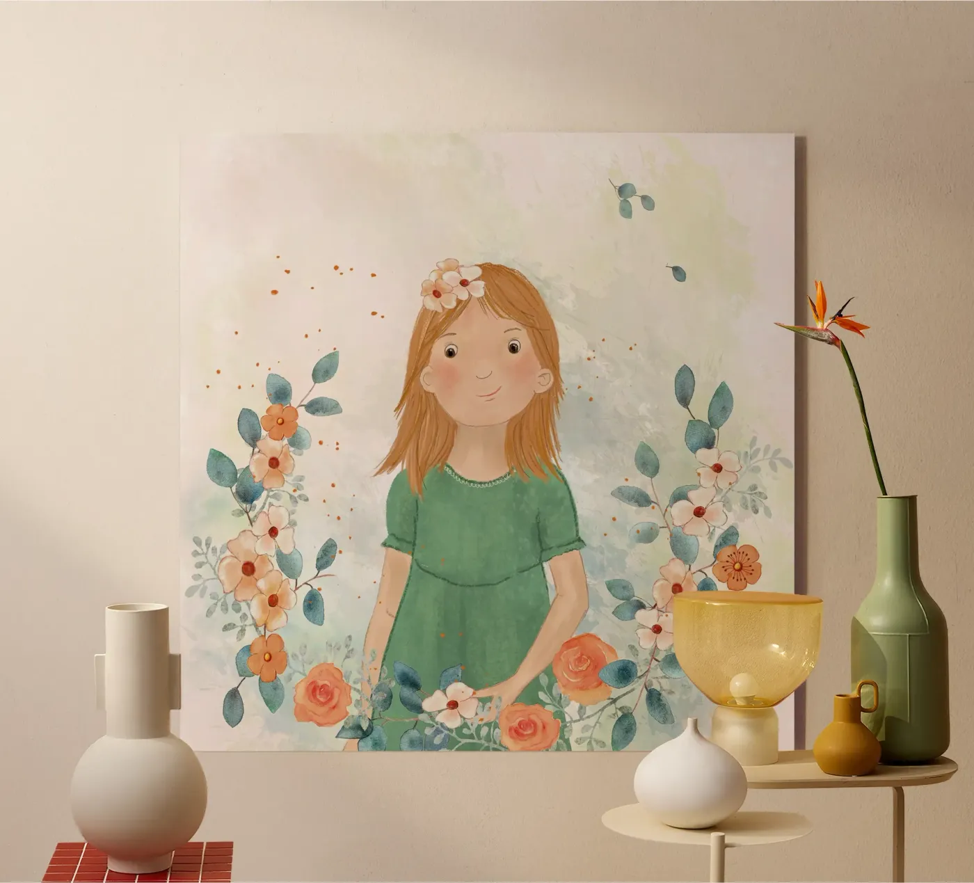 Mädchen mit orange Blumen plexiglass da Farbwelten