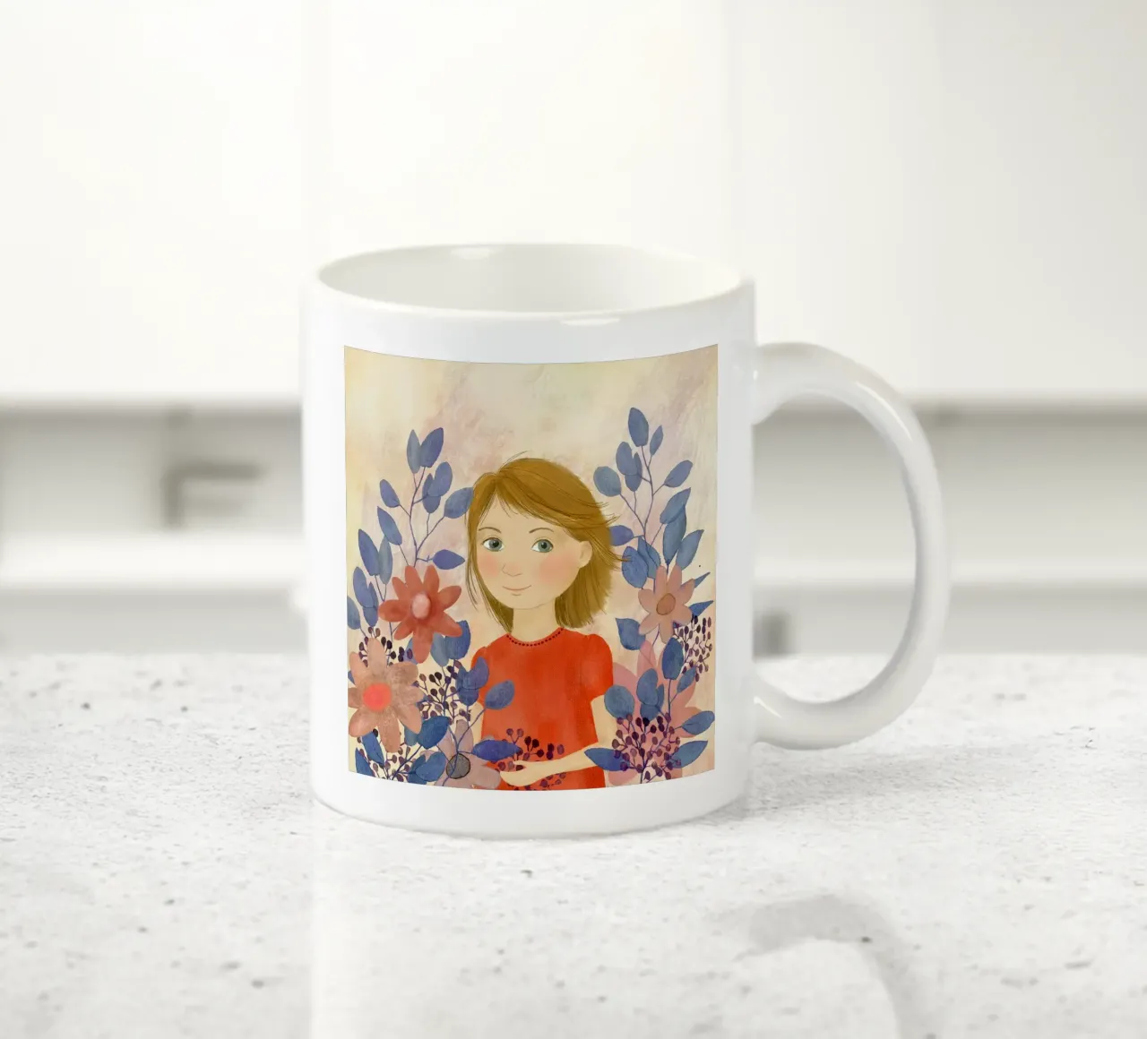 Mädchen in rot, blaue Blätter tazza in ceramica da Farbwelten