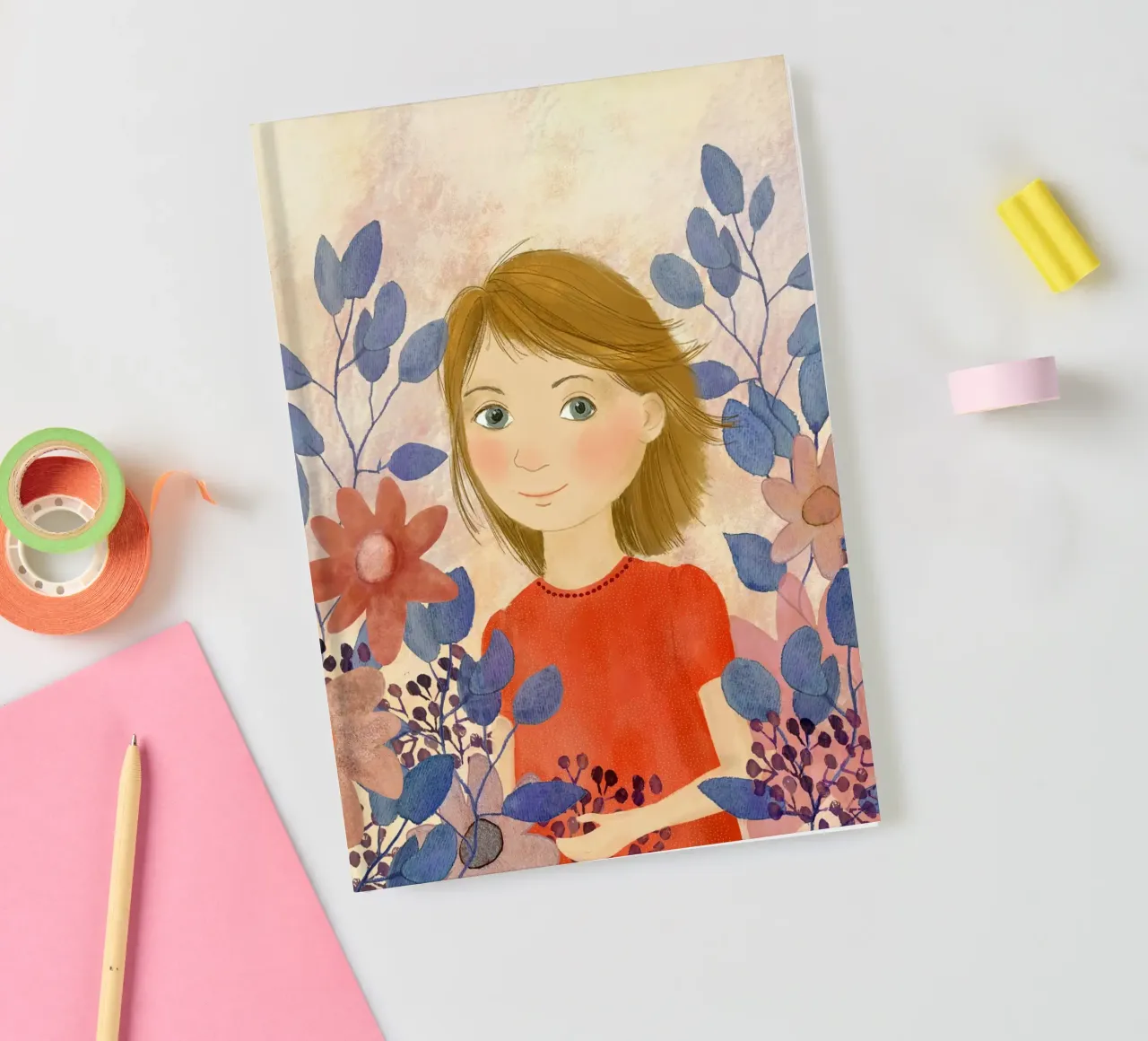 Mädchen in rot, blaue Blätter notebook by Farbwelten