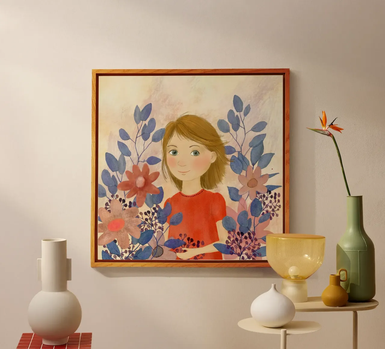 Mädchen in rot, blaue Blätter plexiglass da Farbwelten