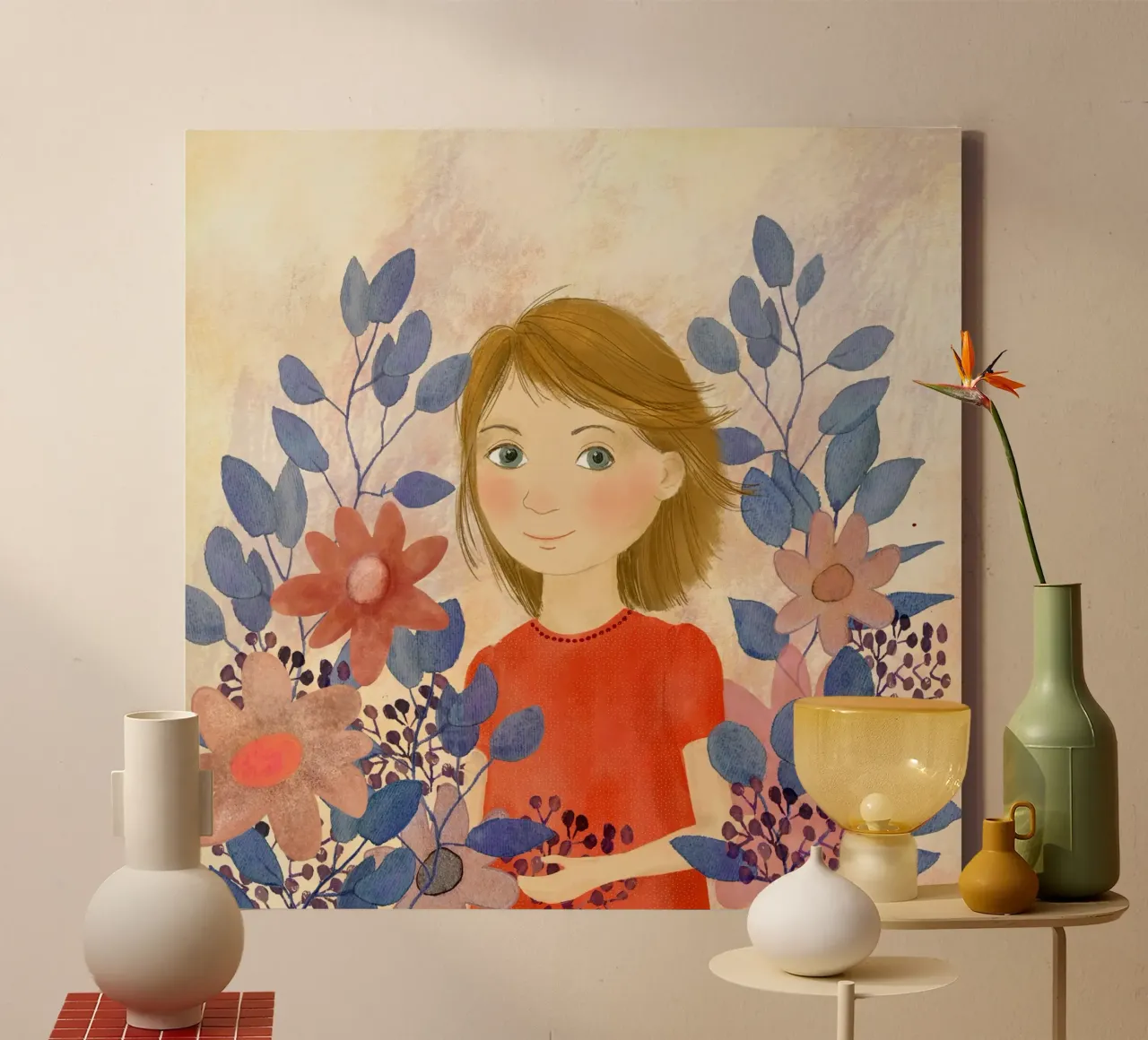 Mädchen in rot, blaue Blätter canvas by Farbwelten