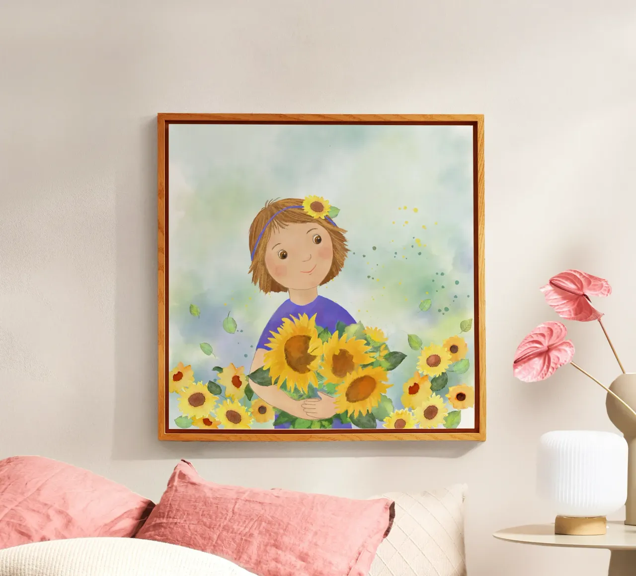 Mädchen mit Sonnenblumen Acryl-Glas von Farbwelten