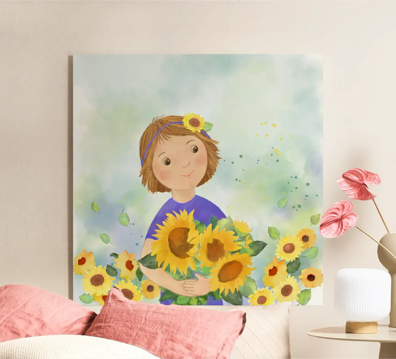 Mädchen mit Sonnenblumen Acryl-Glas von Farbwelten