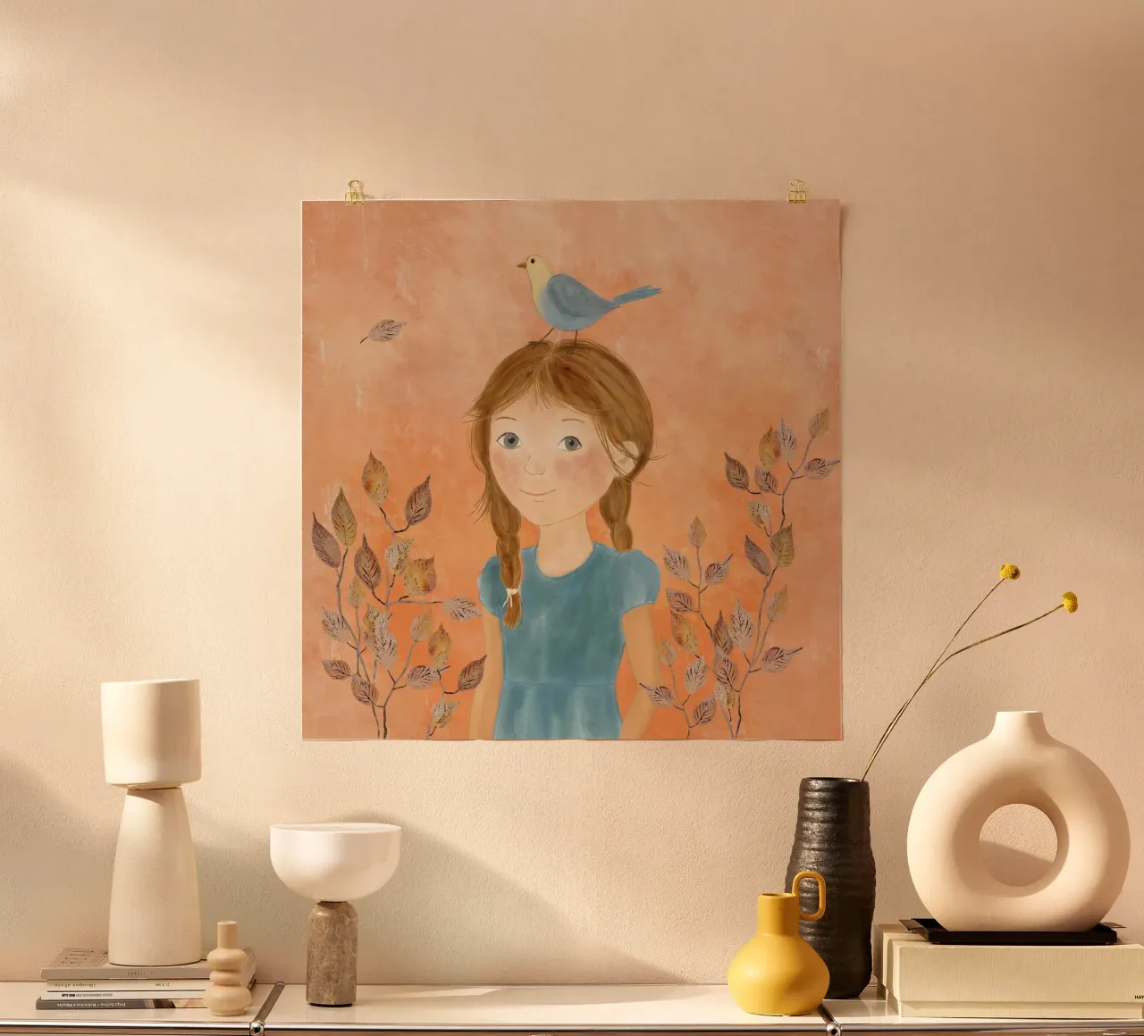Mädchen mit blauem Vogel poster da Farbwelten