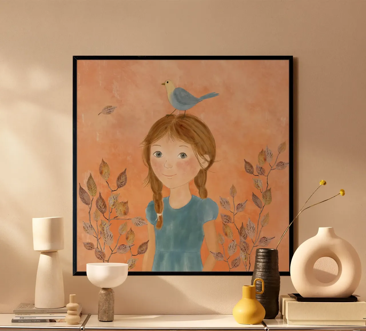 Mädchen mit blauem Vogel poster da Farbwelten