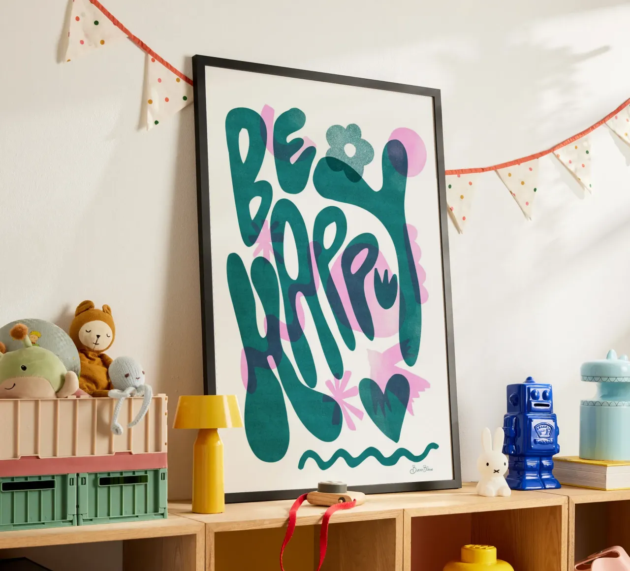 Siate felici poster con telaio in plastica da Baroo Bloom