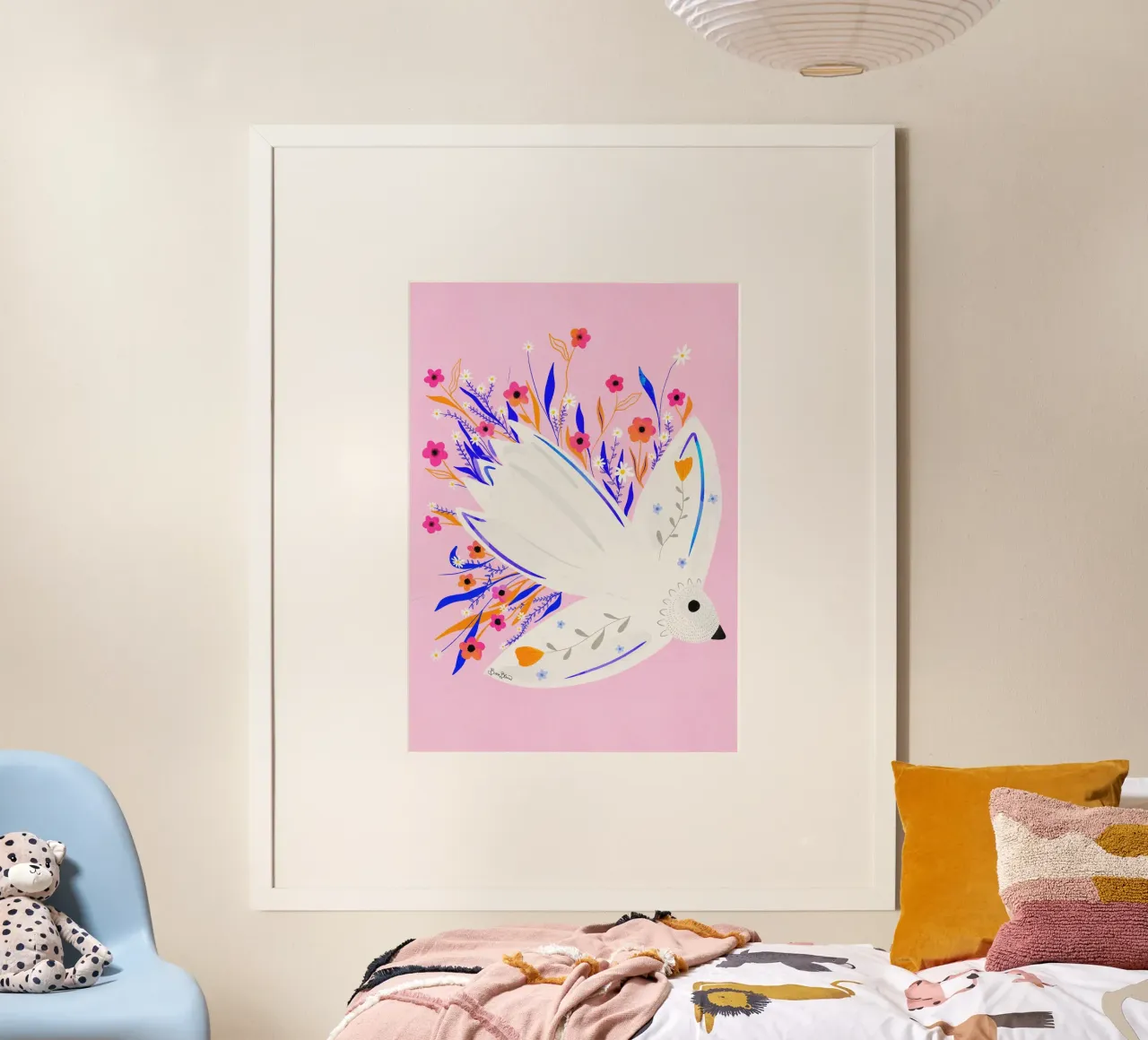 Uccello in fiori Illustrazione rosa poster con telaio in plastica da Baroo Bloom
