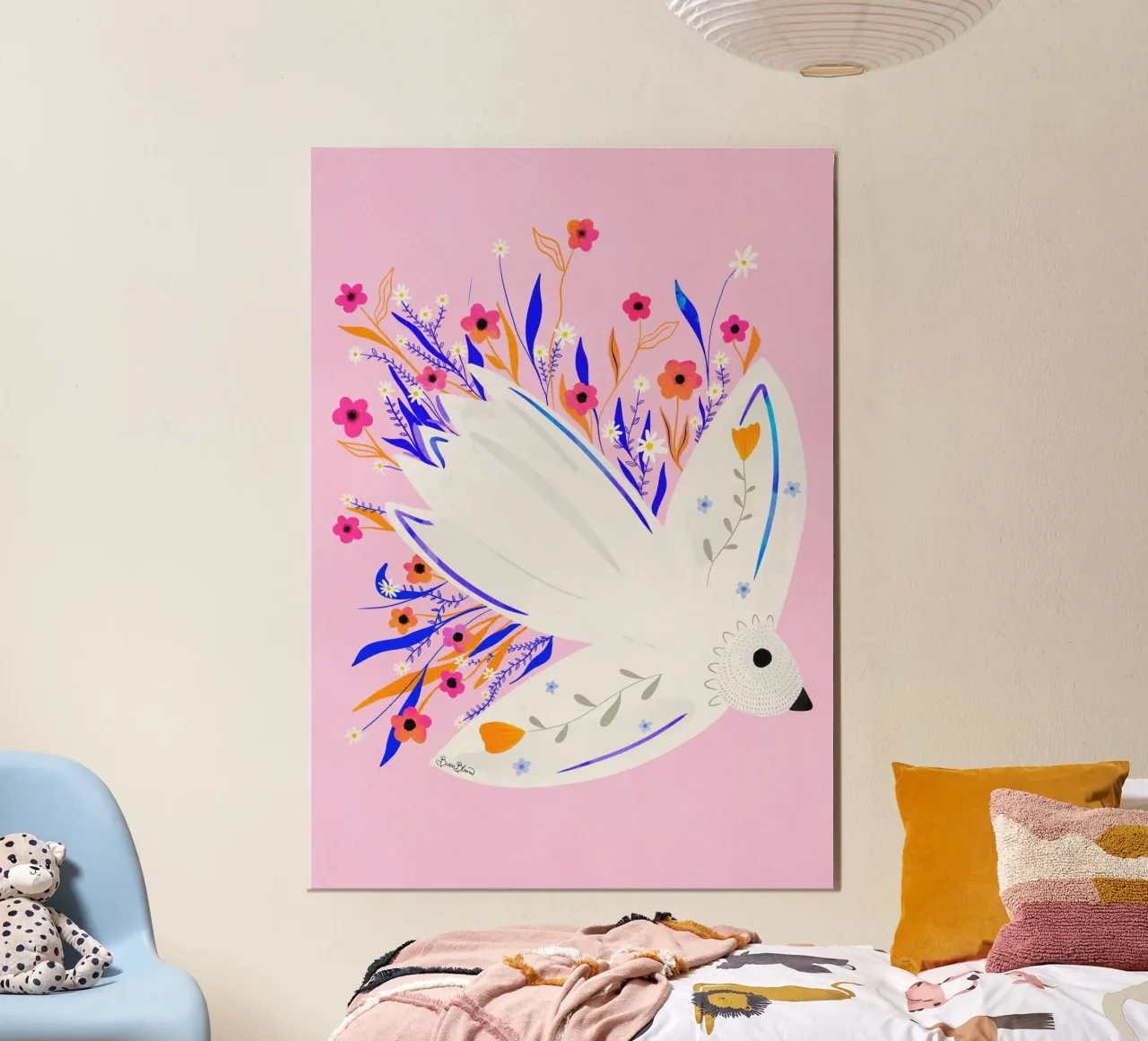 Uccello in fiori Illustrazione rosa poster con telaio in plastica da Baroo Bloom