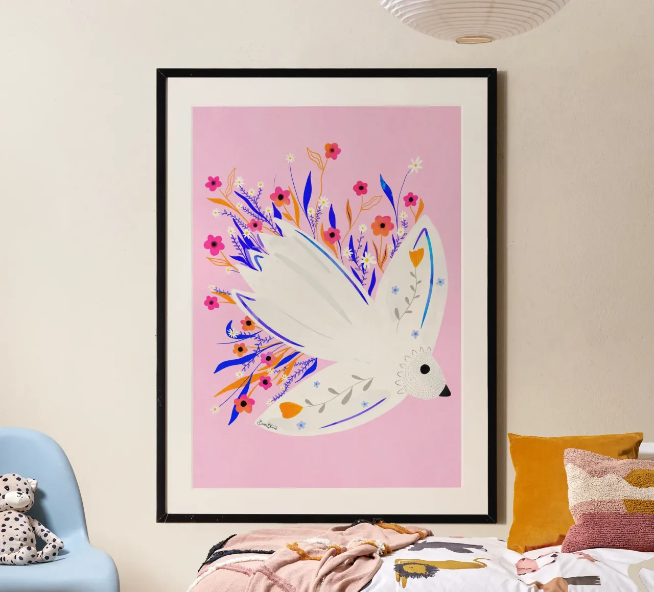 Uccello in fiori Illustrazione rosa poster con telaio in plastica da Baroo Bloom