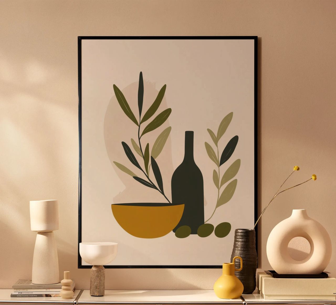 Nature morte minimaliste : Olives, bol et bouteille poster by studiofox
