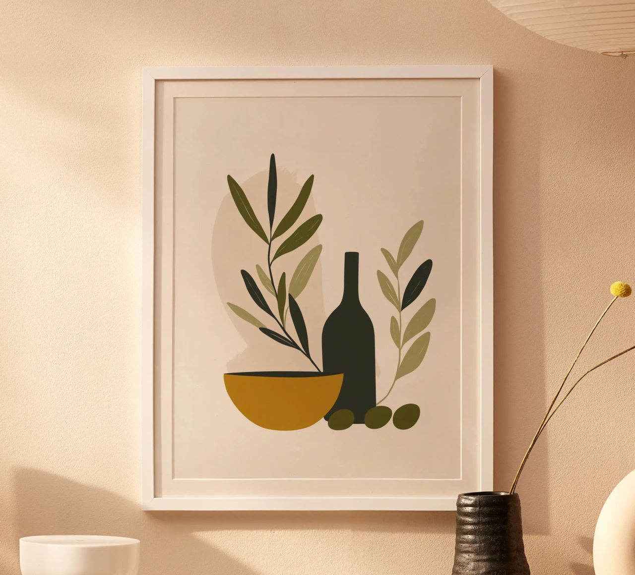 Nature morte minimaliste : Olives, bol et bouteille poster by studiofox