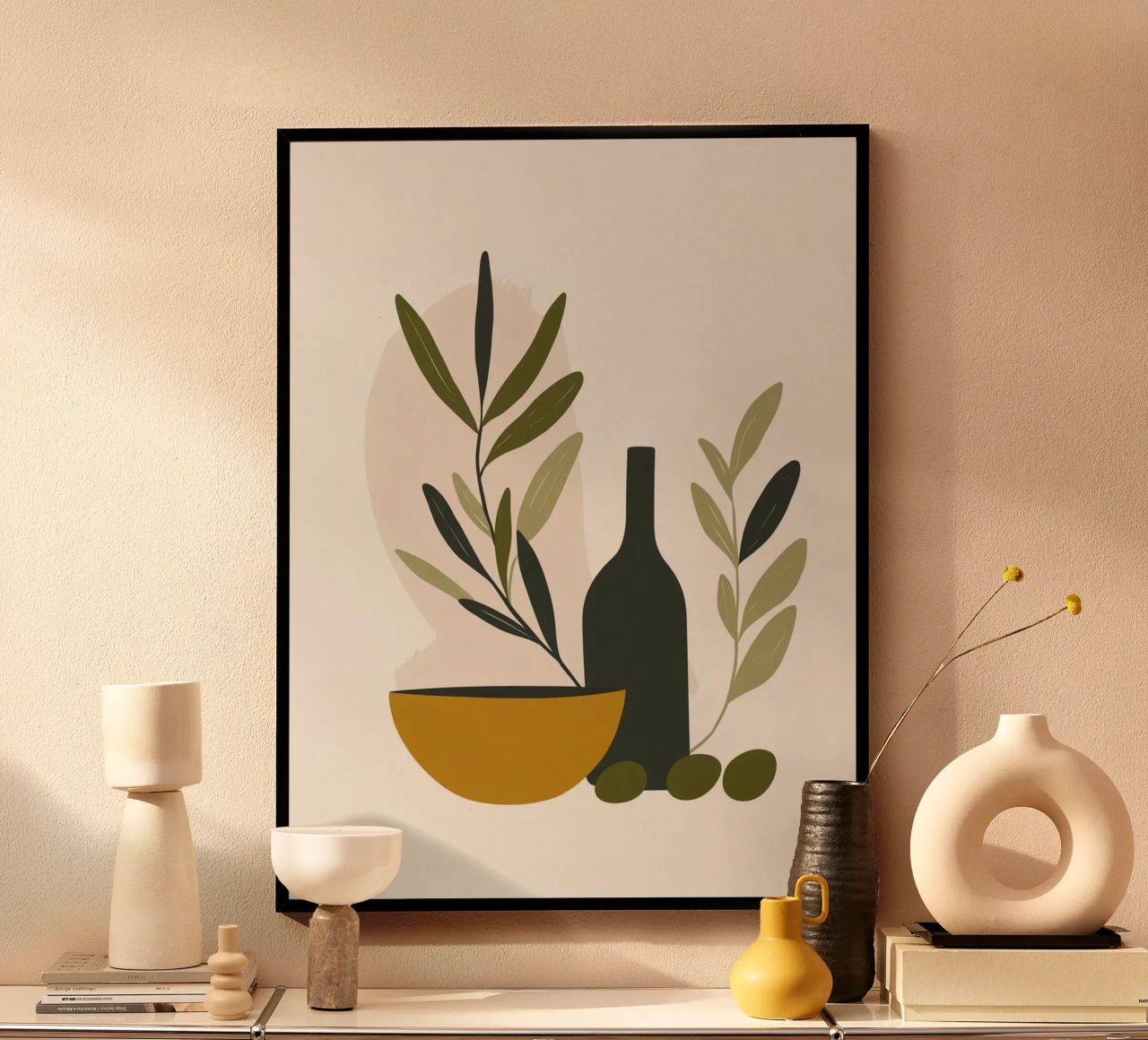 Nature morte minimaliste : Olives, bol et bouteille poster by studiofox