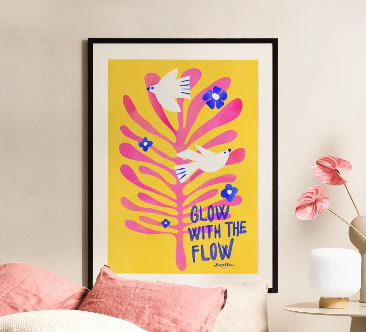 Vögel - Glow with the Flow rosa Poster von Baroo Bloom