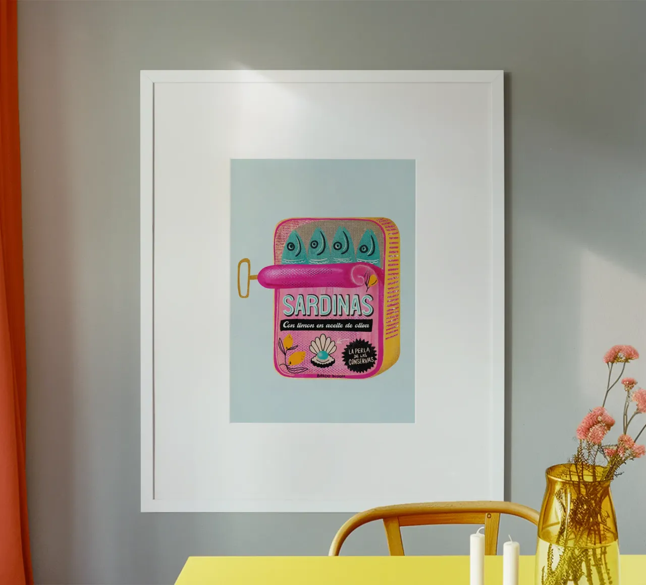 Lattina di sardine poster con telaio in alluminio da Baroo Bloom