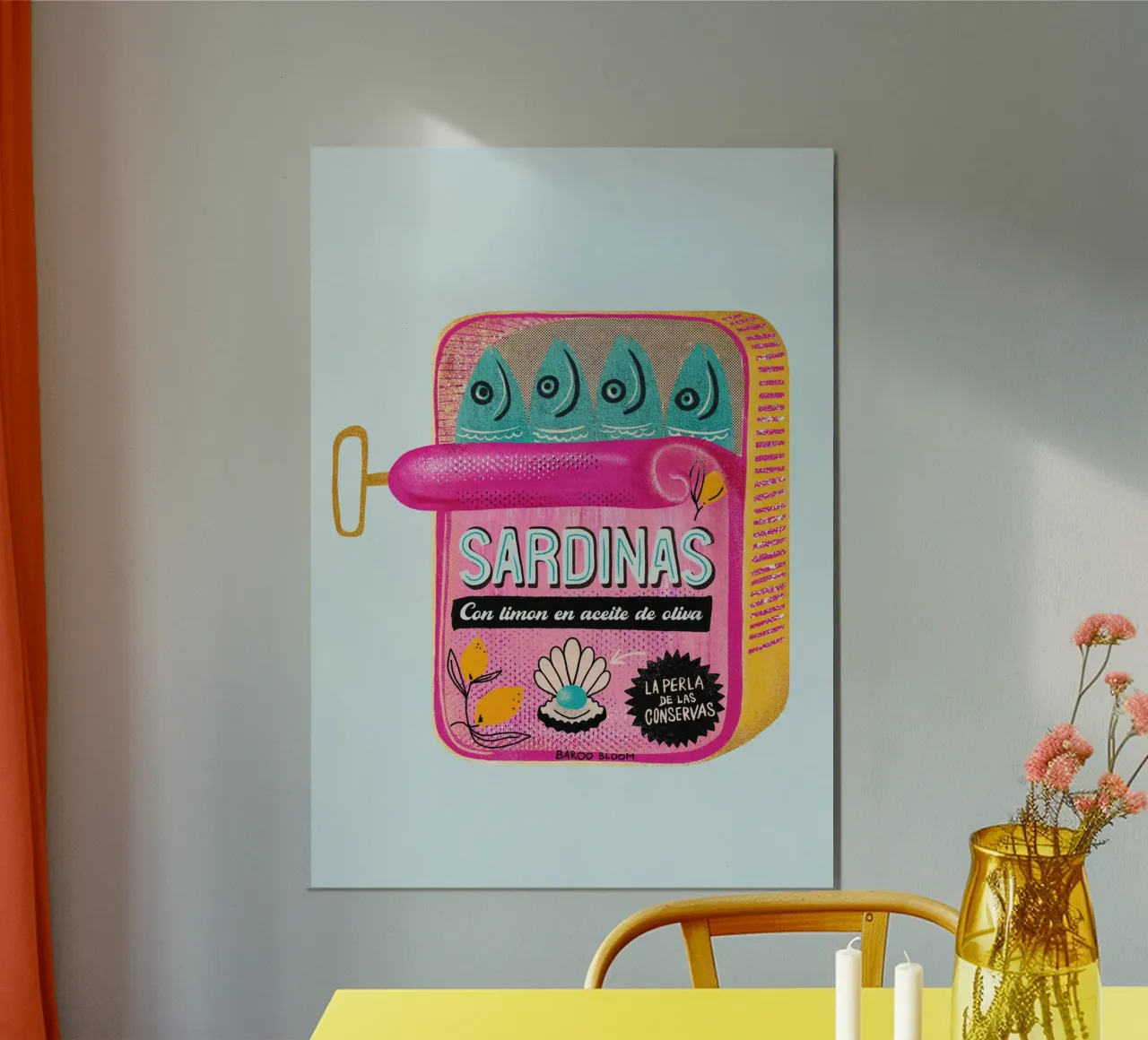 Lattina di sardine poster con telaio in alluminio da Baroo Bloom