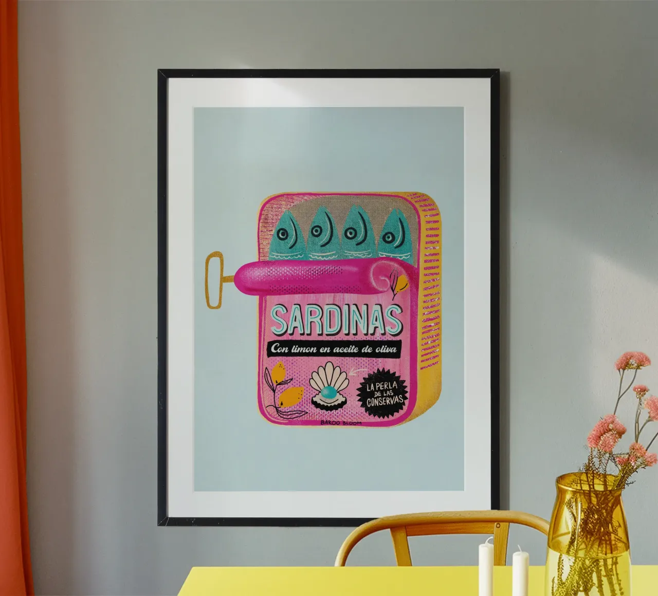 Lattina di sardine poster con telaio in alluminio da Baroo Bloom