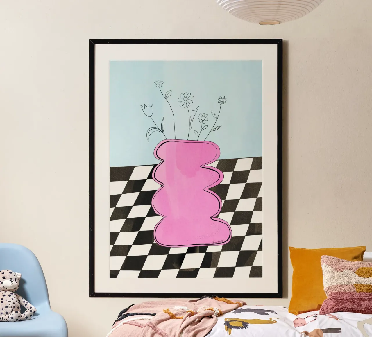 Vaso a scacchiera rosa poster con telaio in alluminio da Baroo Bloom
