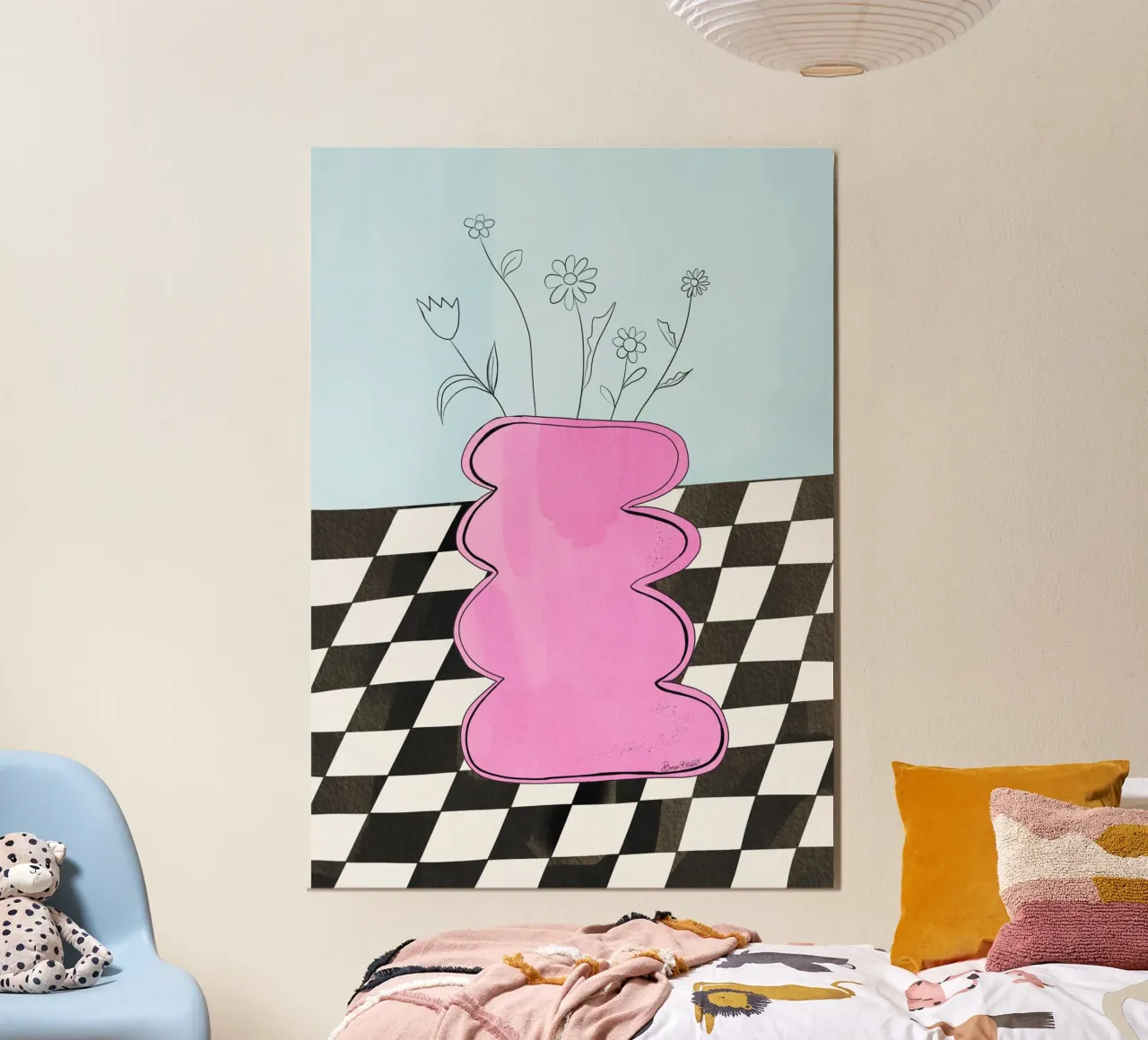Vaso a scacchiera rosa poster con telaio in alluminio da Baroo Bloom