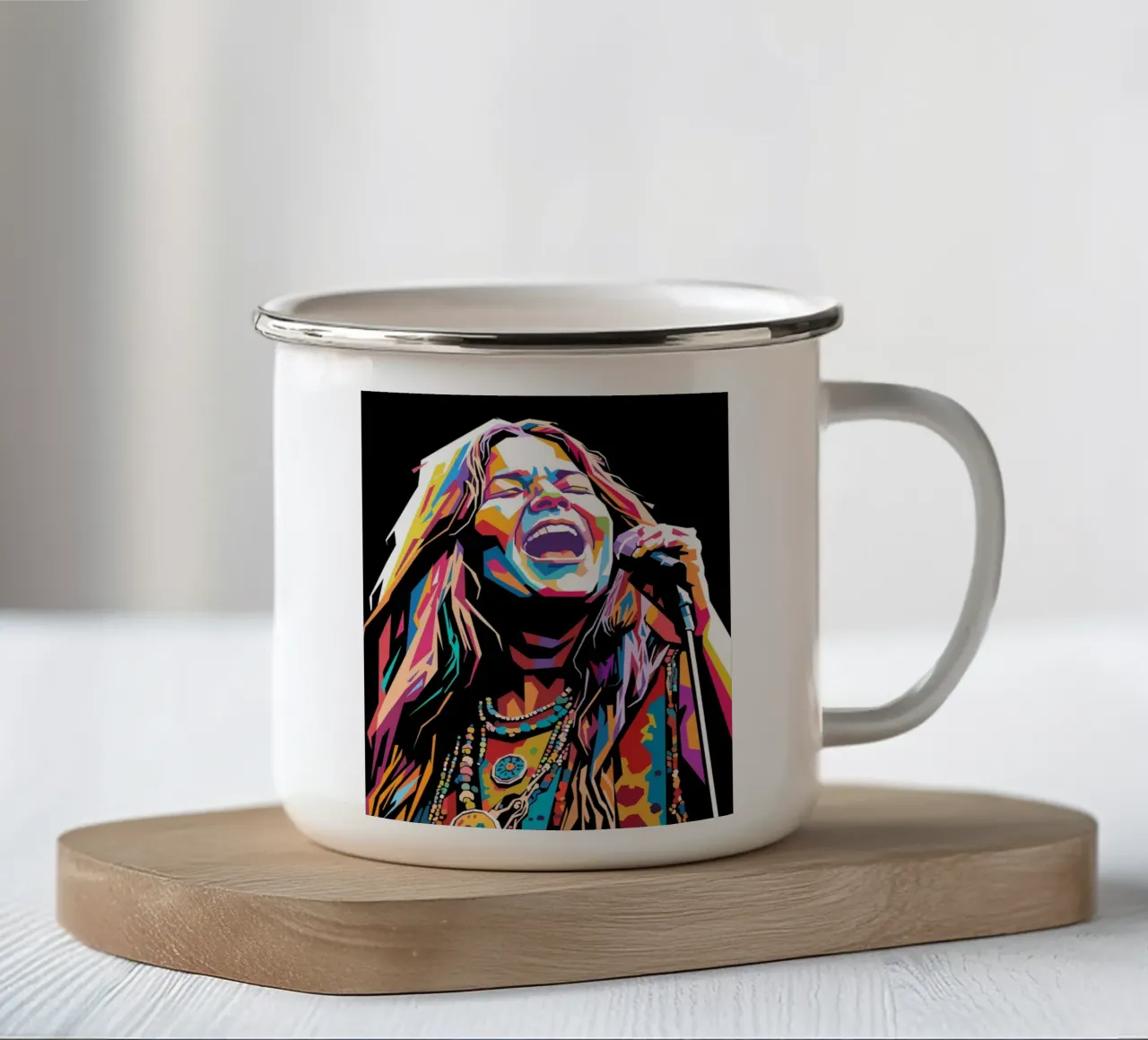 Janis Joplin, ritratto colorato in stile pop art tazza in smalto da Hantamrata
