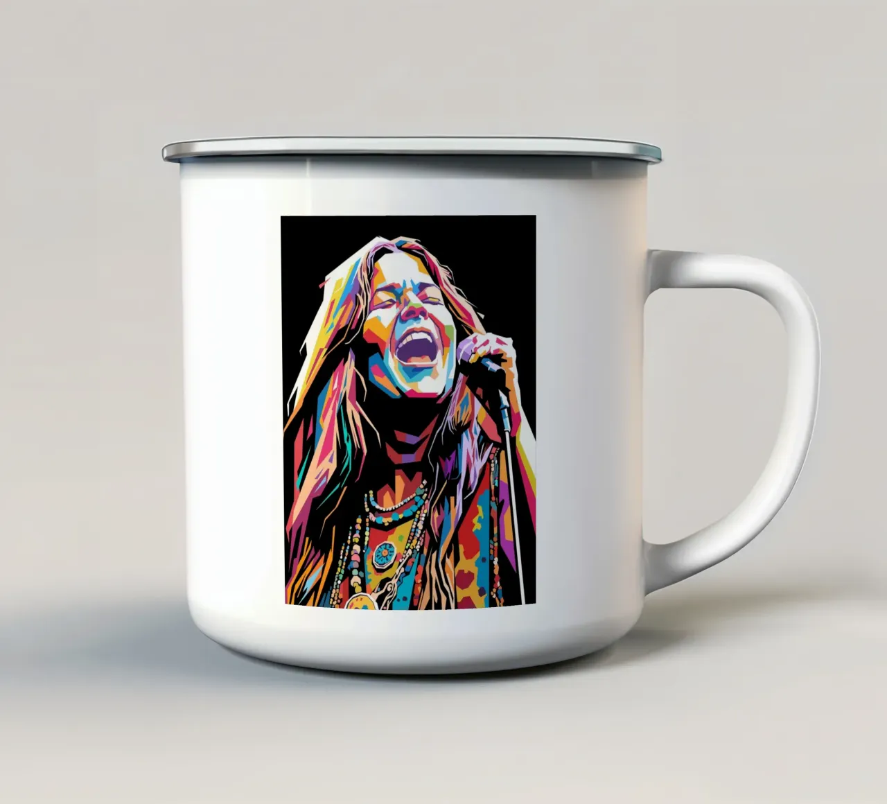 Janis Joplin, ritratto colorato in stile pop art tazza in smalto da Hantamrata