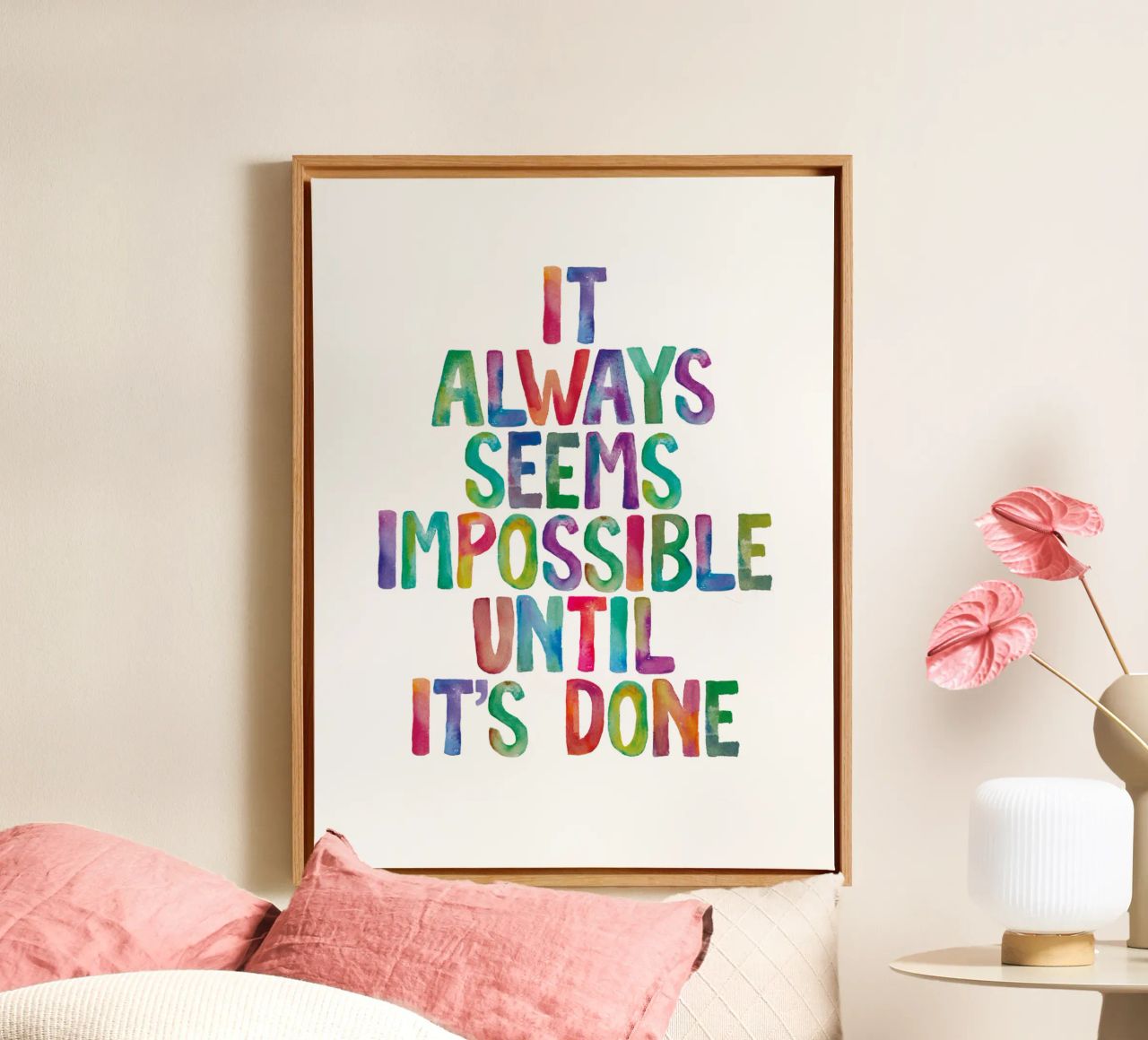 It Always Seems Impossible Until It's Done Regenbogen Design canvas by THE MOTIVATED TYPE