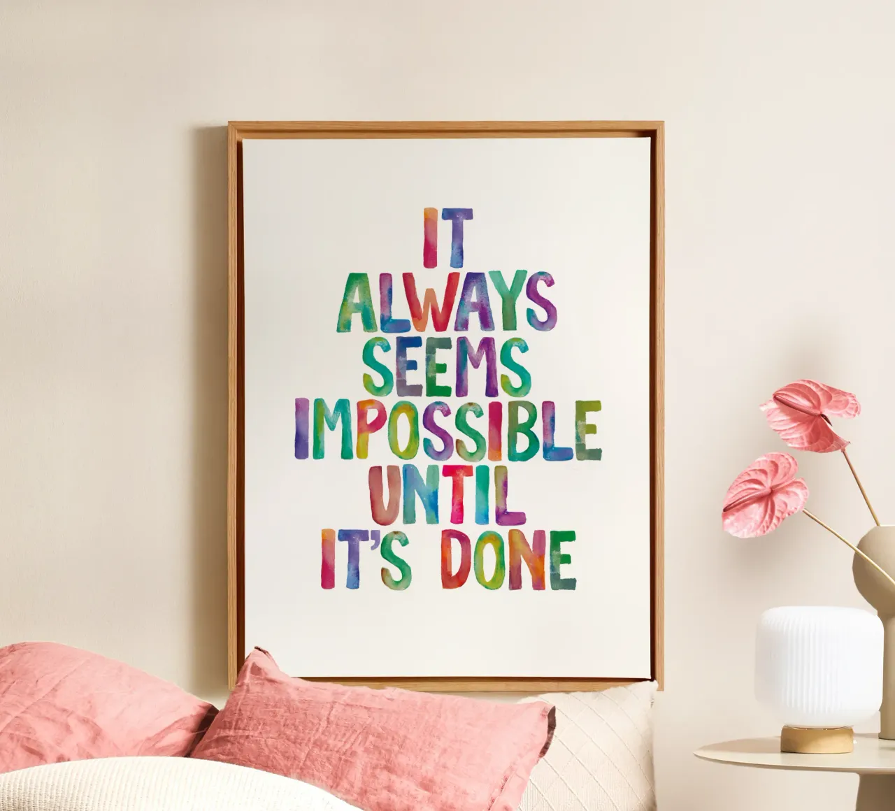 Es scheint immer unmöglich zu sein, bis man es geschafft hat Regenbogen Design Leinwand mit Schattenfugenrahmen von THE MOTIVATED TYPE
