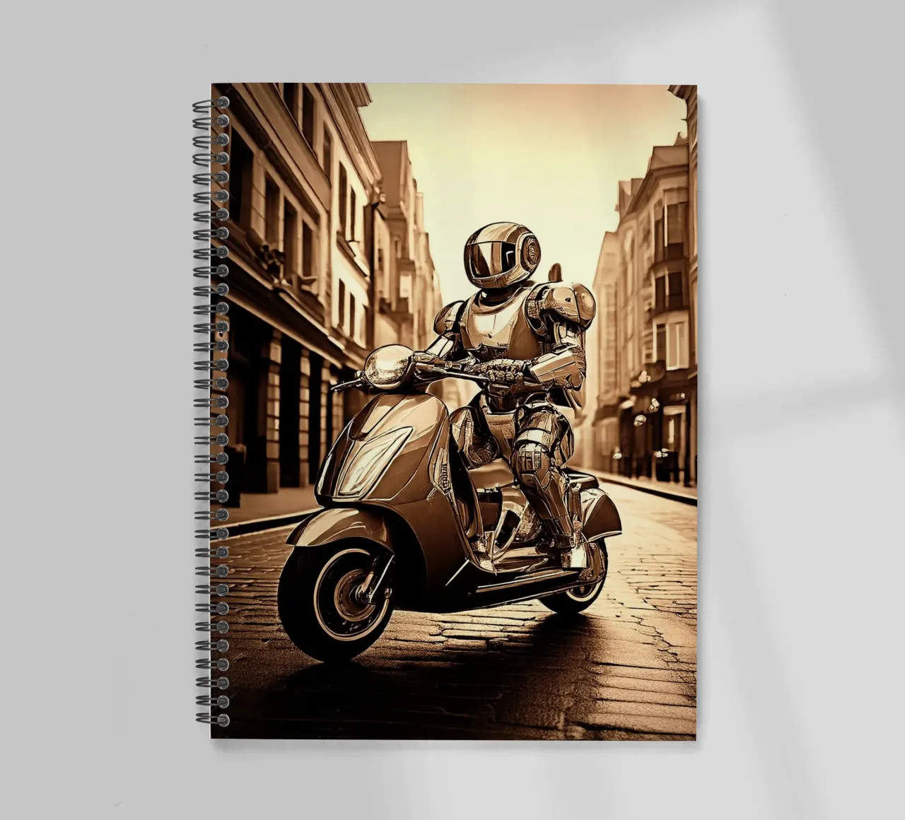 ROBOT EN SCOOTER. SEPIA spiral notebook by Thierry vobmann photography