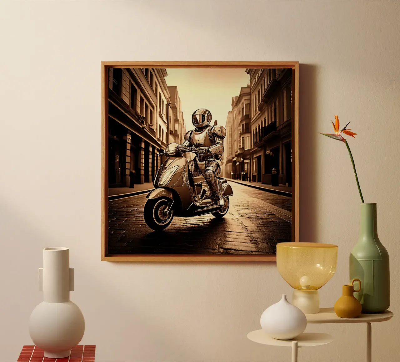 ROBOT EN SCOOTER. SEPIA tela con Cornice a cassetta da Thierry vobmann photography
