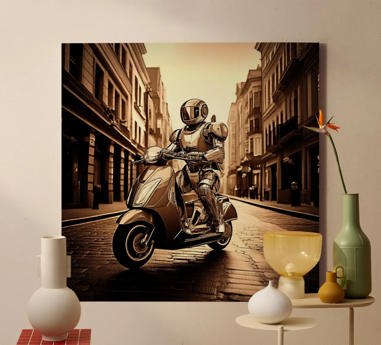 ROBOT EN SCOOTER. SEPIA tela con Cornice a cassetta da Thierry vobmann photography