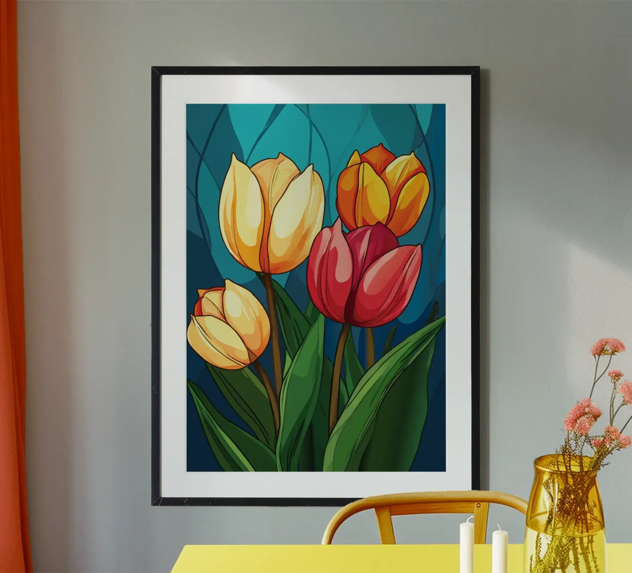 Tulipani colorati su sfondo blu poster con telaio in legno da pixelbull - medieval art and more