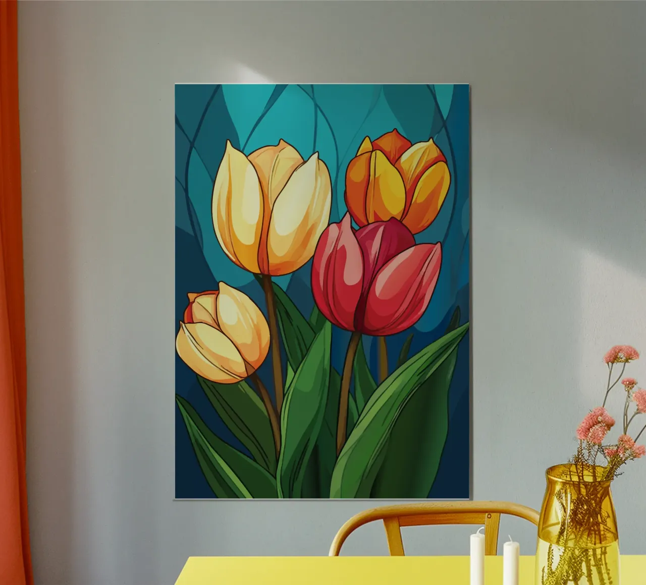 Tulipani colorati su sfondo blu poster con telaio in legno da pixelbull - medieval art and more