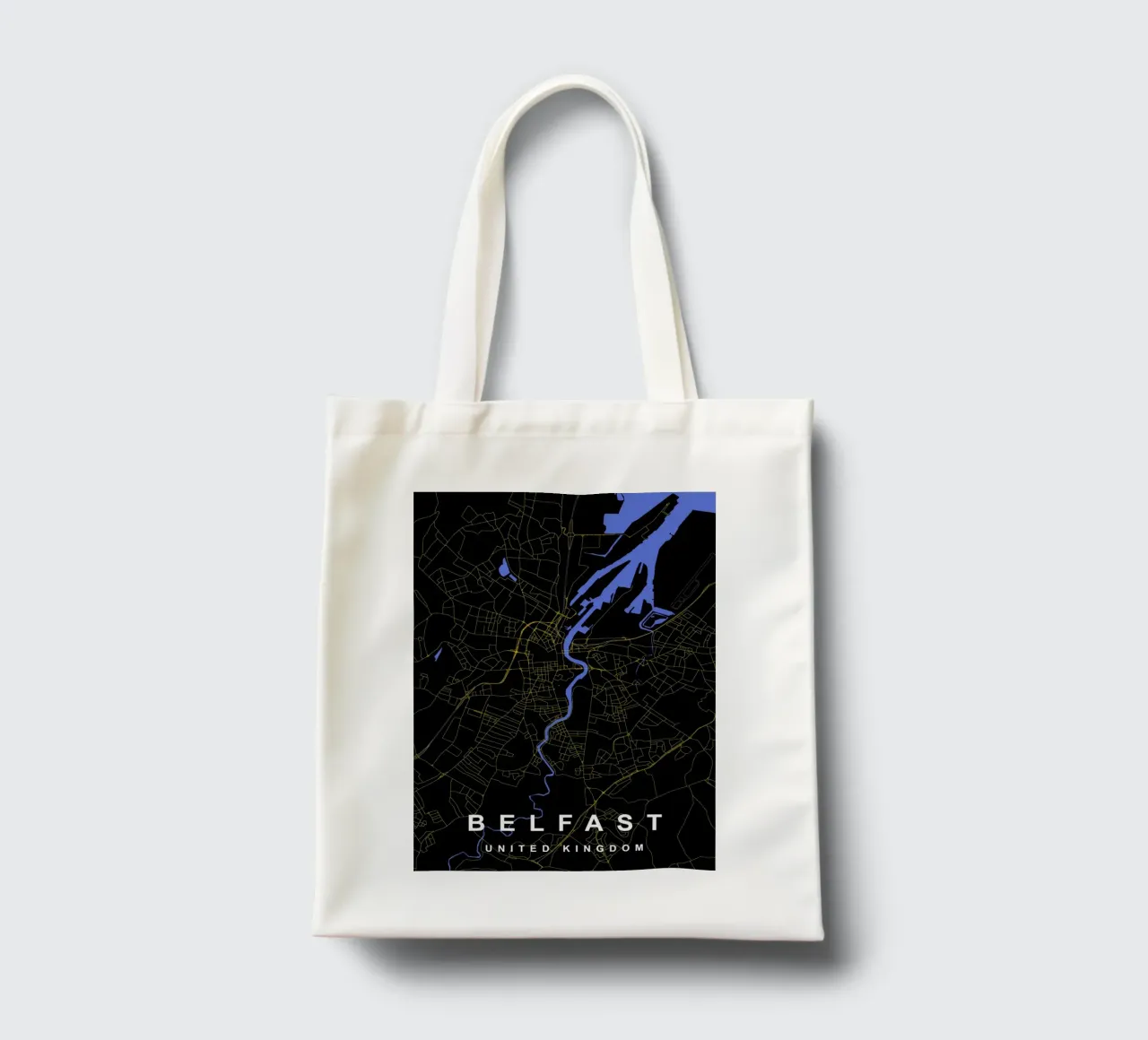Mappa della città di Belfast, Regno Unito, nero e oro borsa in juta da Cartographers Library