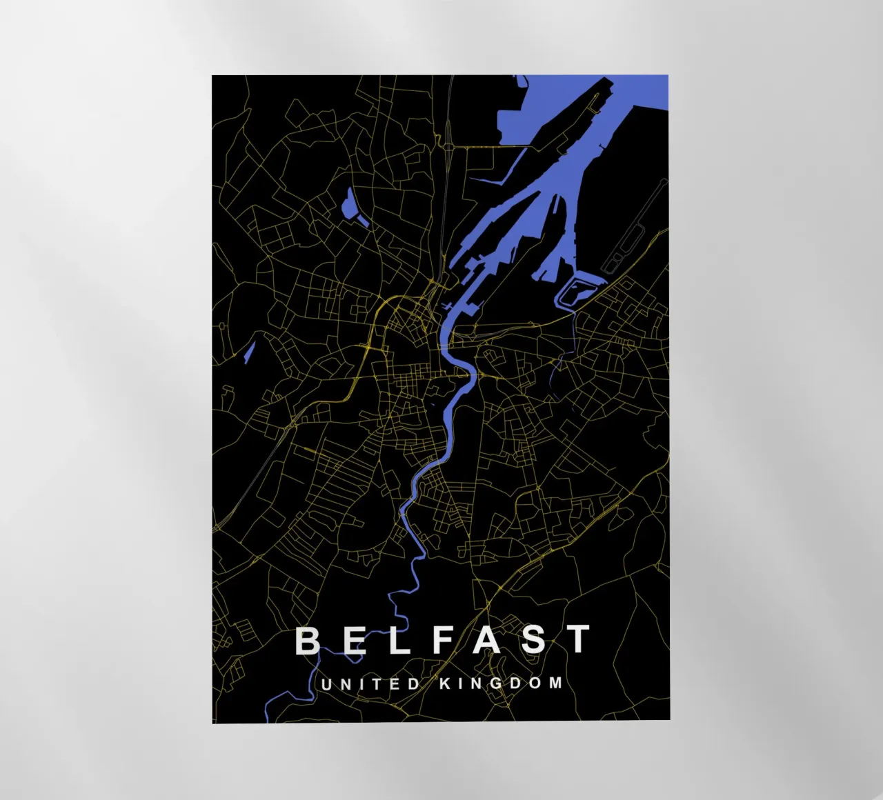 Mappa della città di Belfast, Regno Unito, nero e oro pellicola backlit da Cartographers Library