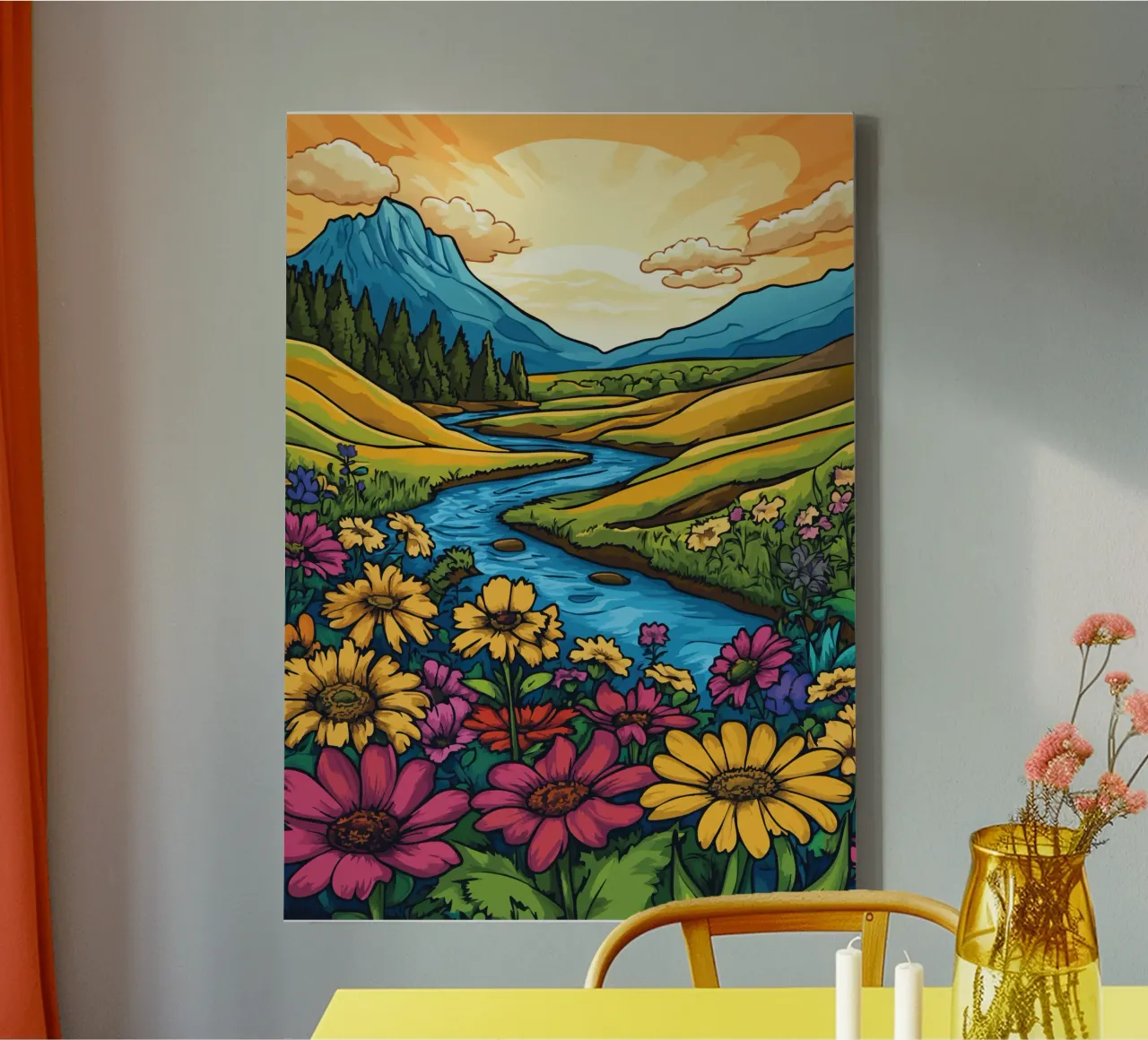 Bloemenweide bij de rivier bij zonsondergang canvas met Baklijst van pixelbull - medieval art and more