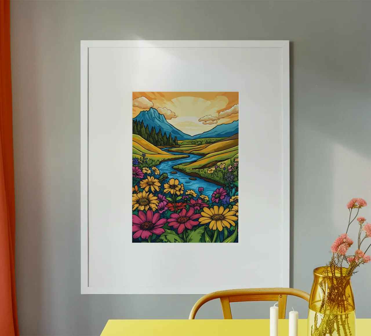 Prato fiorito in riva al fiume al tramonto poster con telaio in alluminio da pixelbull - medieval art and more