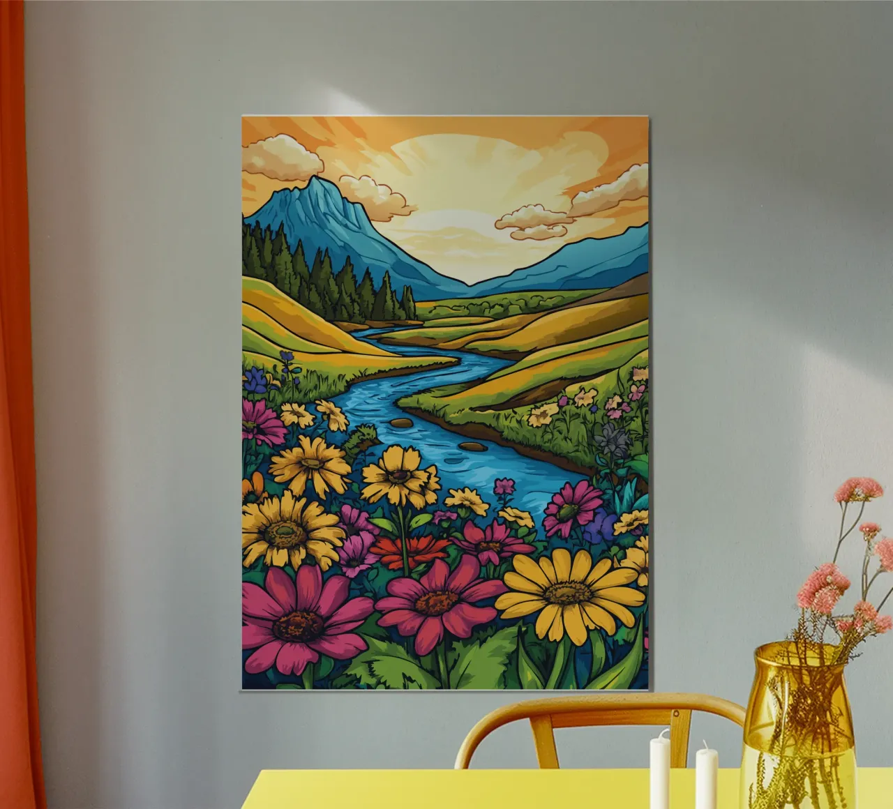 Prato fiorito in riva al fiume al tramonto poster con telaio in alluminio da pixelbull - medieval art and more