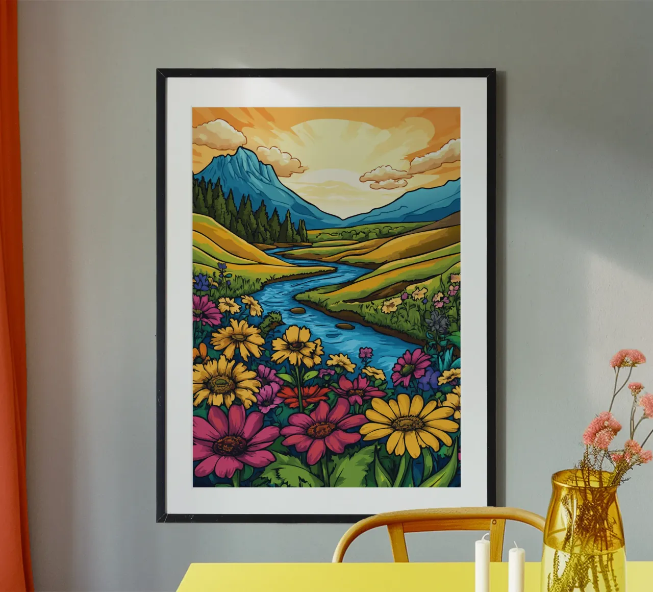 Prato fiorito in riva al fiume al tramonto poster con telaio in alluminio da pixelbull - medieval art and more