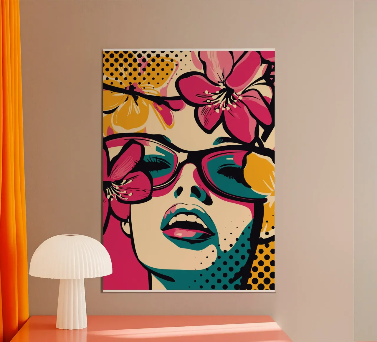 Ritratto espressivo con fiori e occhiali da sole poster con telaio in legno da pixelbull - medieval art and more