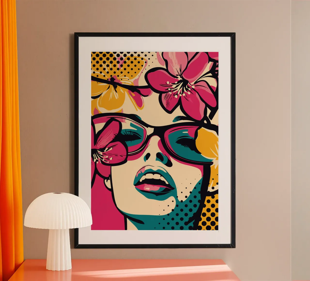 Ritratto espressivo con fiori e occhiali da sole poster con telaio in legno da pixelbull - medieval art and more