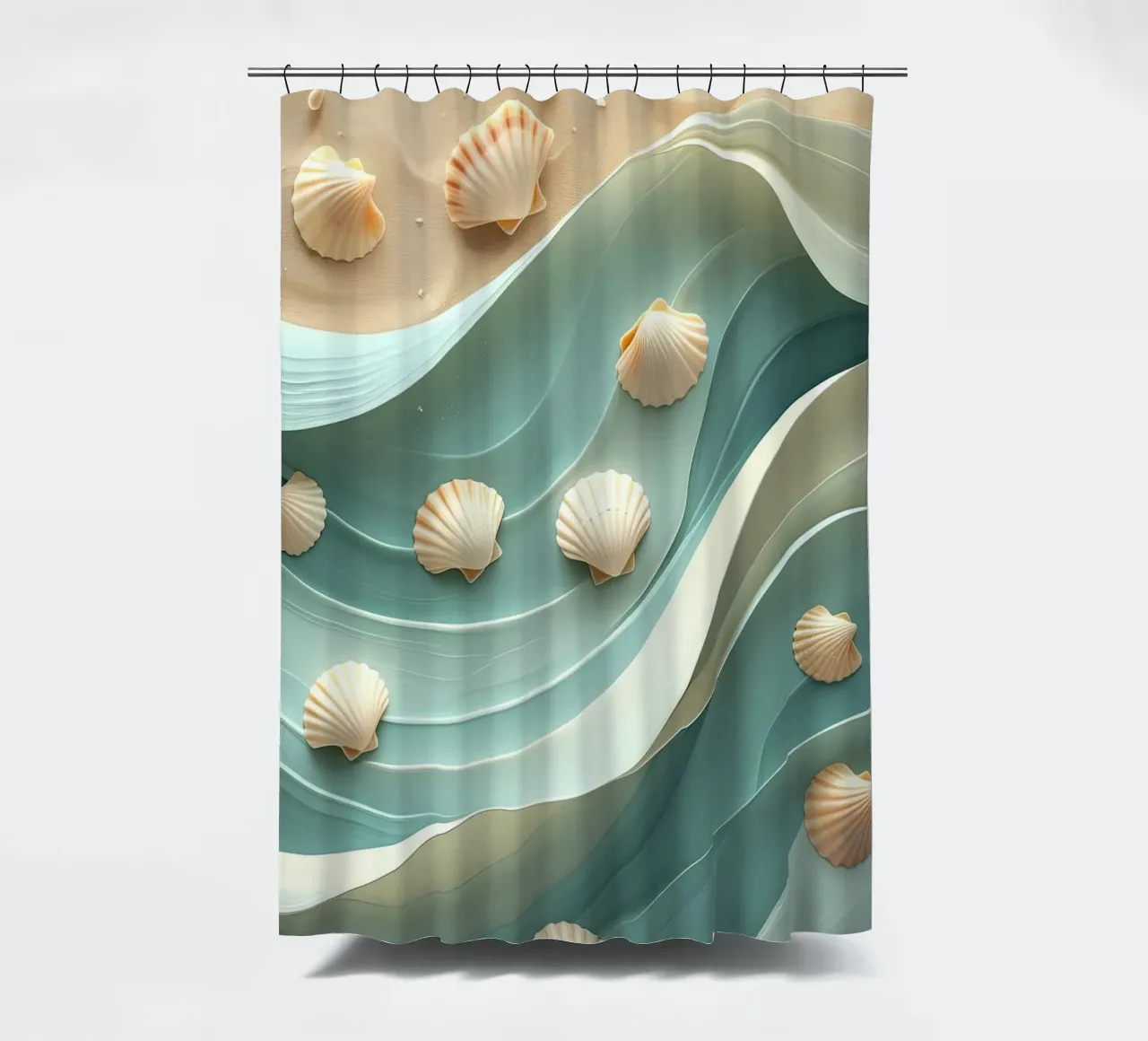 Shells on stylised waves on a sandy beach shower curtain by pixelbull - medieval art and more