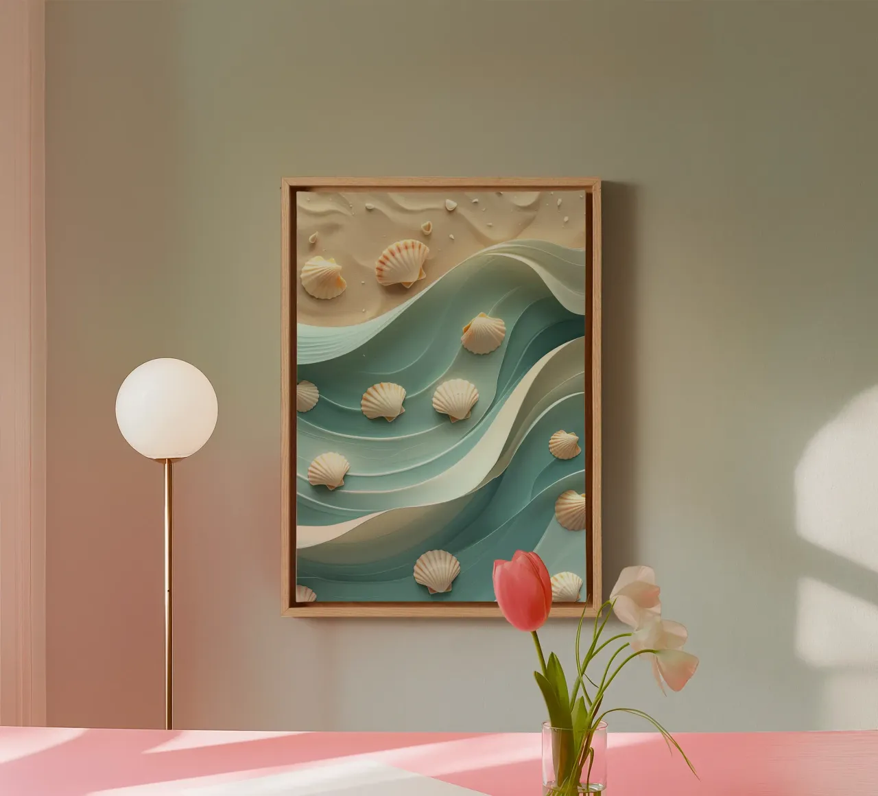 Shells on stylised waves on a sandy beach canvas by pixelbull - medieval art and more