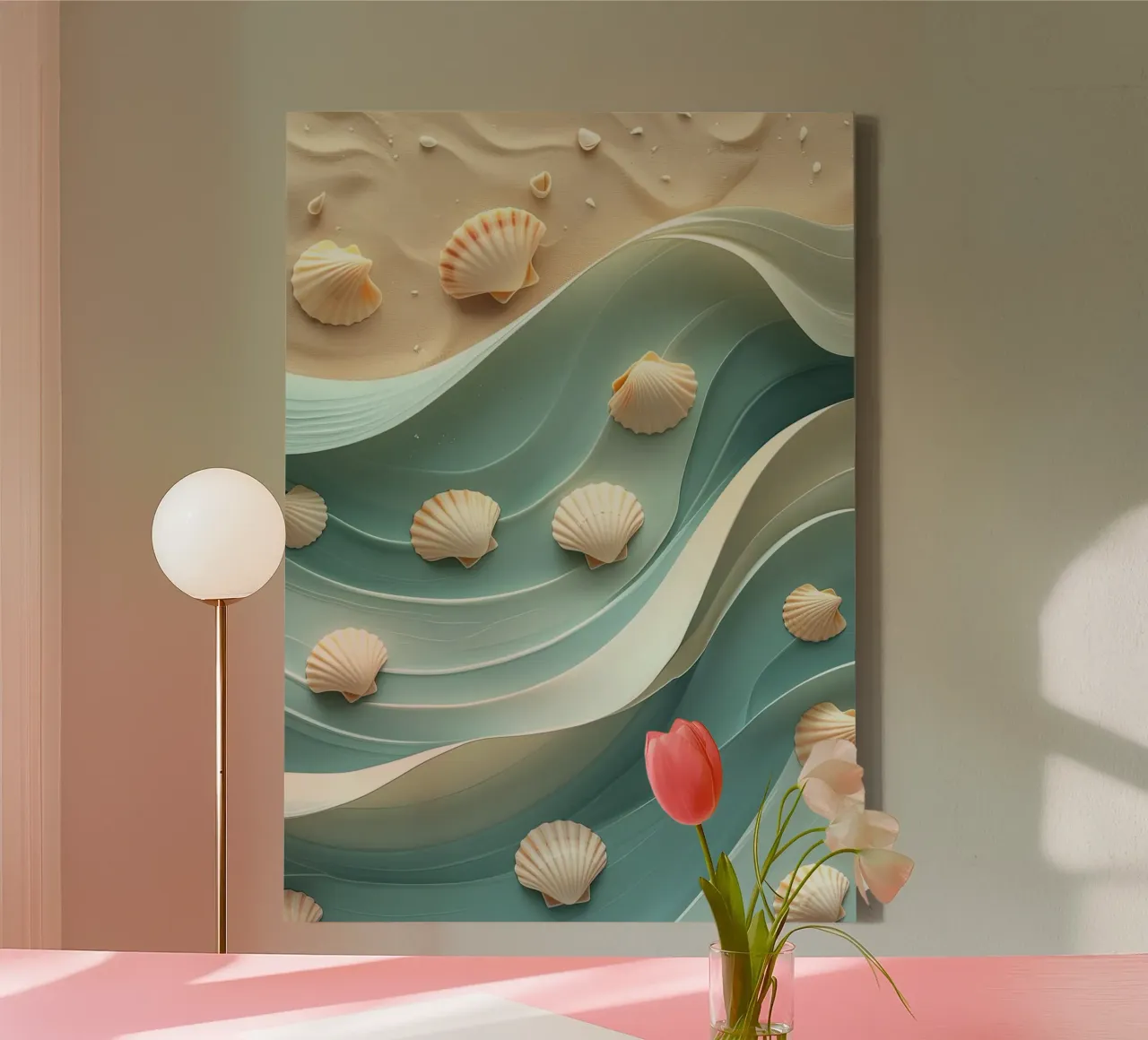 Shells on stylised waves on a sandy beach canvas by pixelbull - medieval art and more