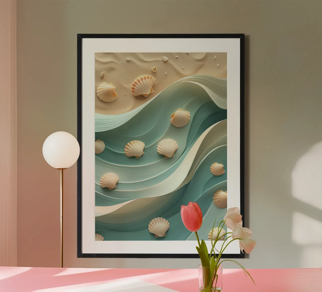 Conchiglie su onde stilizzate su una spiaggia di sabbia carta hahnemühle da pixelbull - medieval art and more