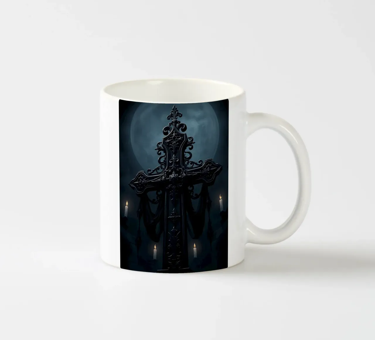Ornate black cross sculpture in the moonlight ceramic mug by pixelbull - medieval art and more