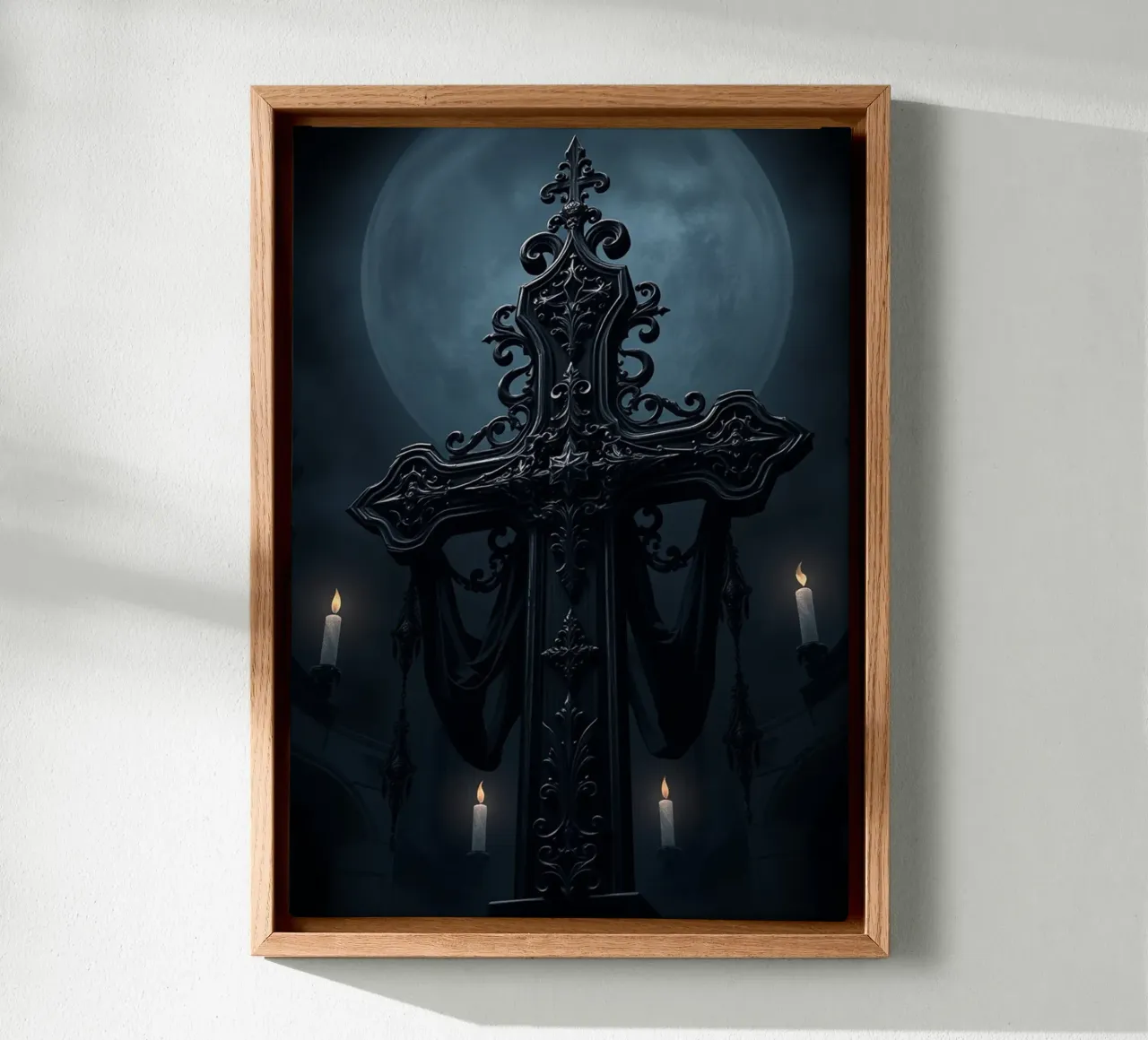 Sierlijke zwarte kruissculptuur in het maanlicht canvas met Baklijst van pixelbull - medieval art and more